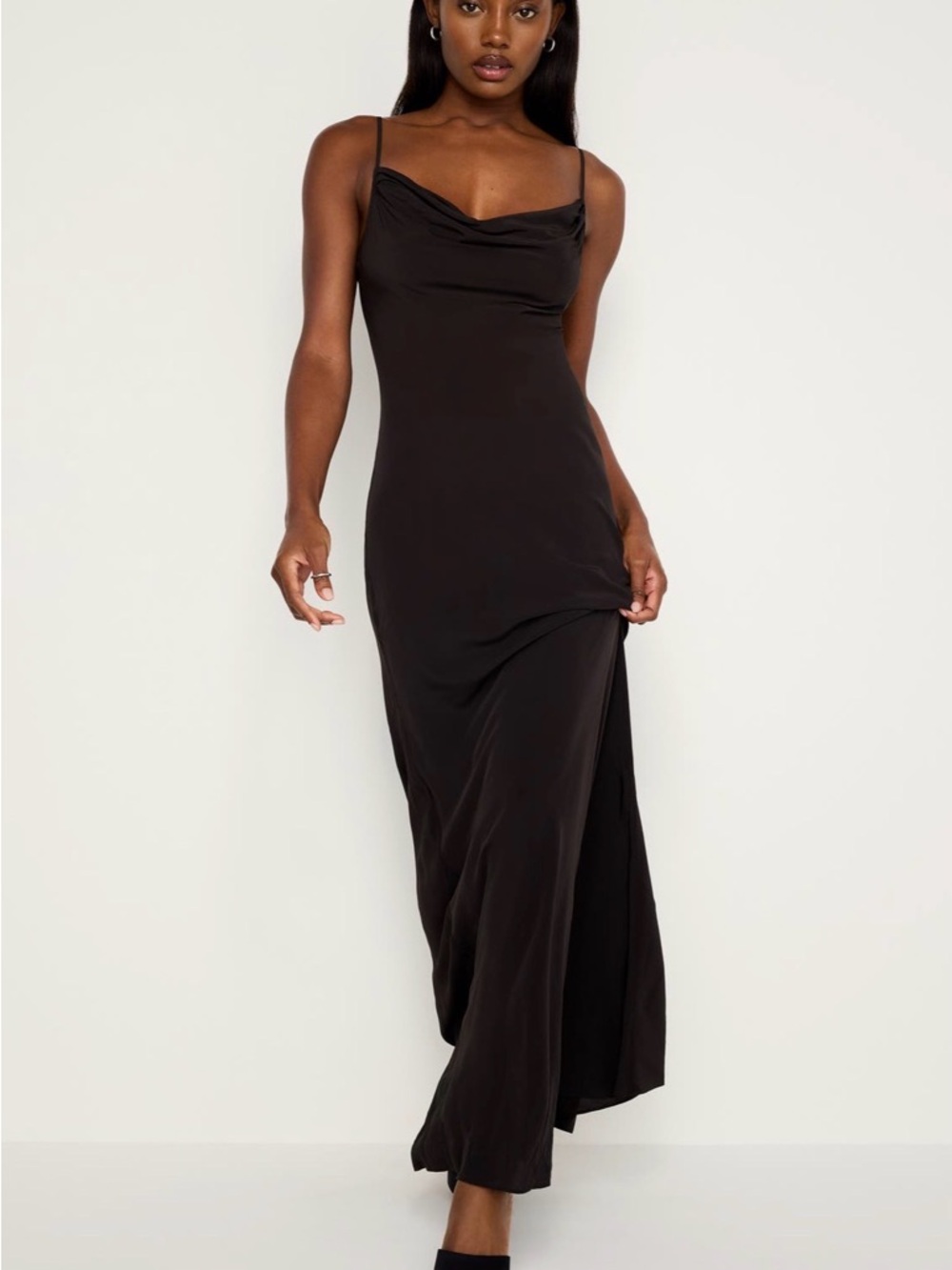 Good American Black Cowl Neck Bias Cut Slip Maxi Dress